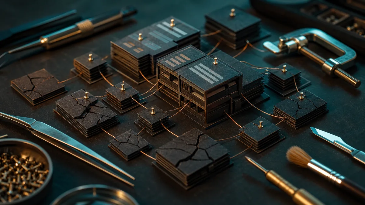 Physical website repair model with cracked page tiles, brass proof pins, copper links, and small tools