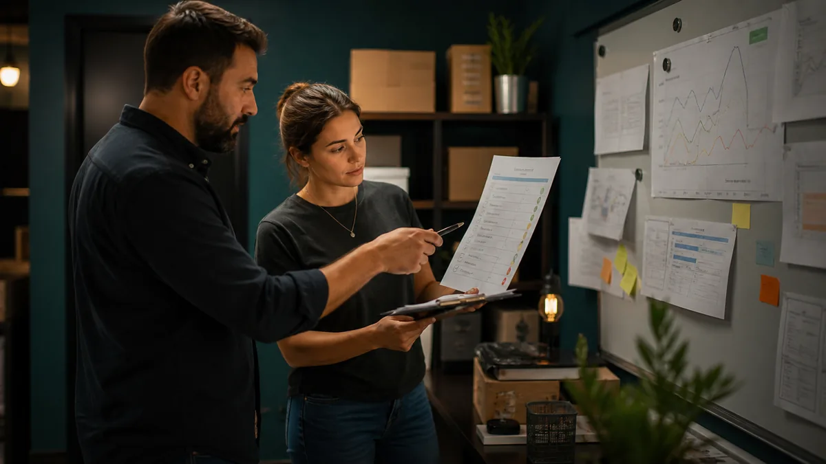 Two standing coworkers review a website-quality checklist and abstract traffic board in a dark office
