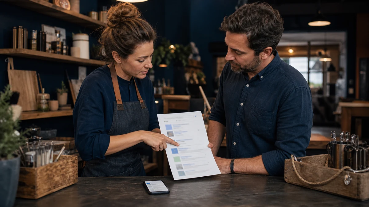 Two adults at a service counter review a printed search result and phone while one points to lower results