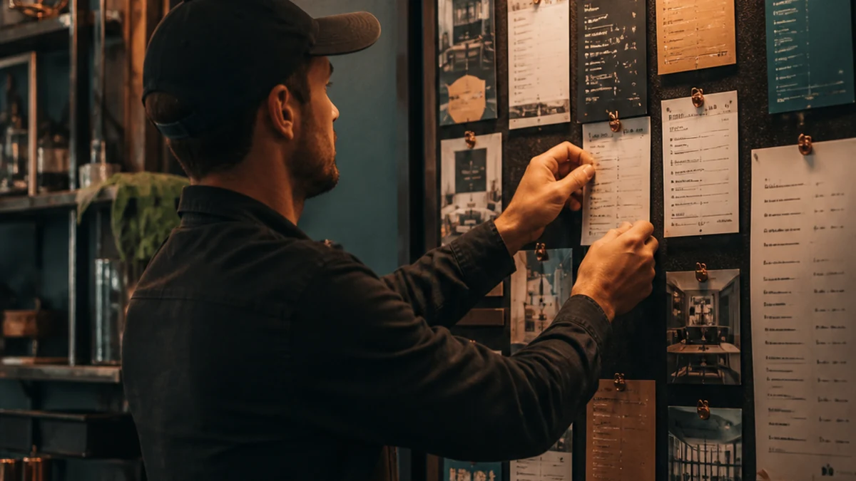 Standing local business owner places proof cards, service photos, pricing notes, and FAQ cards on a dark wall board