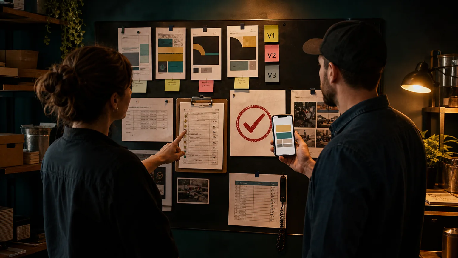 Two adults review a campaign approval board with version notes, ad proofs, phone log, and warm dark lighting