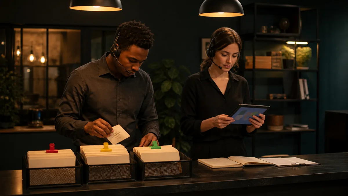 Service-counter staff sort inquiry cards into trays while reviewing call notes and generic tablet data