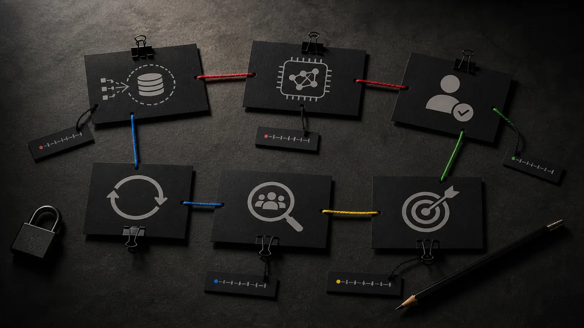 Dark tabletop accountability workflow uses matte cards, colored string, lock, timestamp marks, clips, and pencil