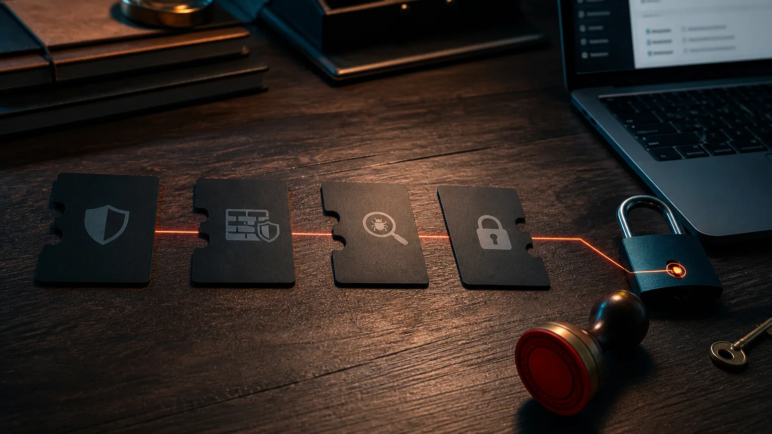 Dark workbench with plugin cards, a padlock, a brass key, and an orange access line showing permission risk
