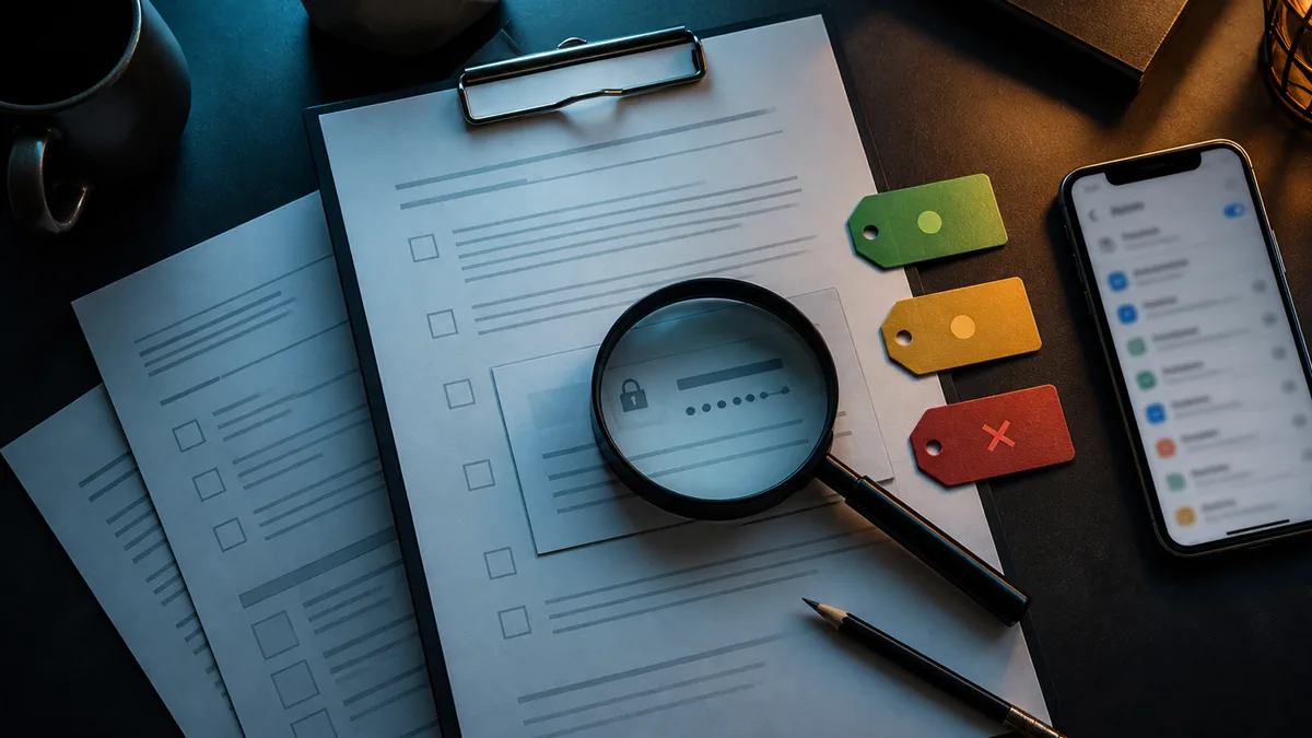 Overhead security audit workspace with permission sheets, colored access tags, a magnifying glass, and blurred admin settings