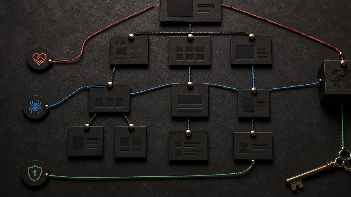 Dark physical model connecting website tiles, plugin access, customer trust, crawler access, and admin permissions