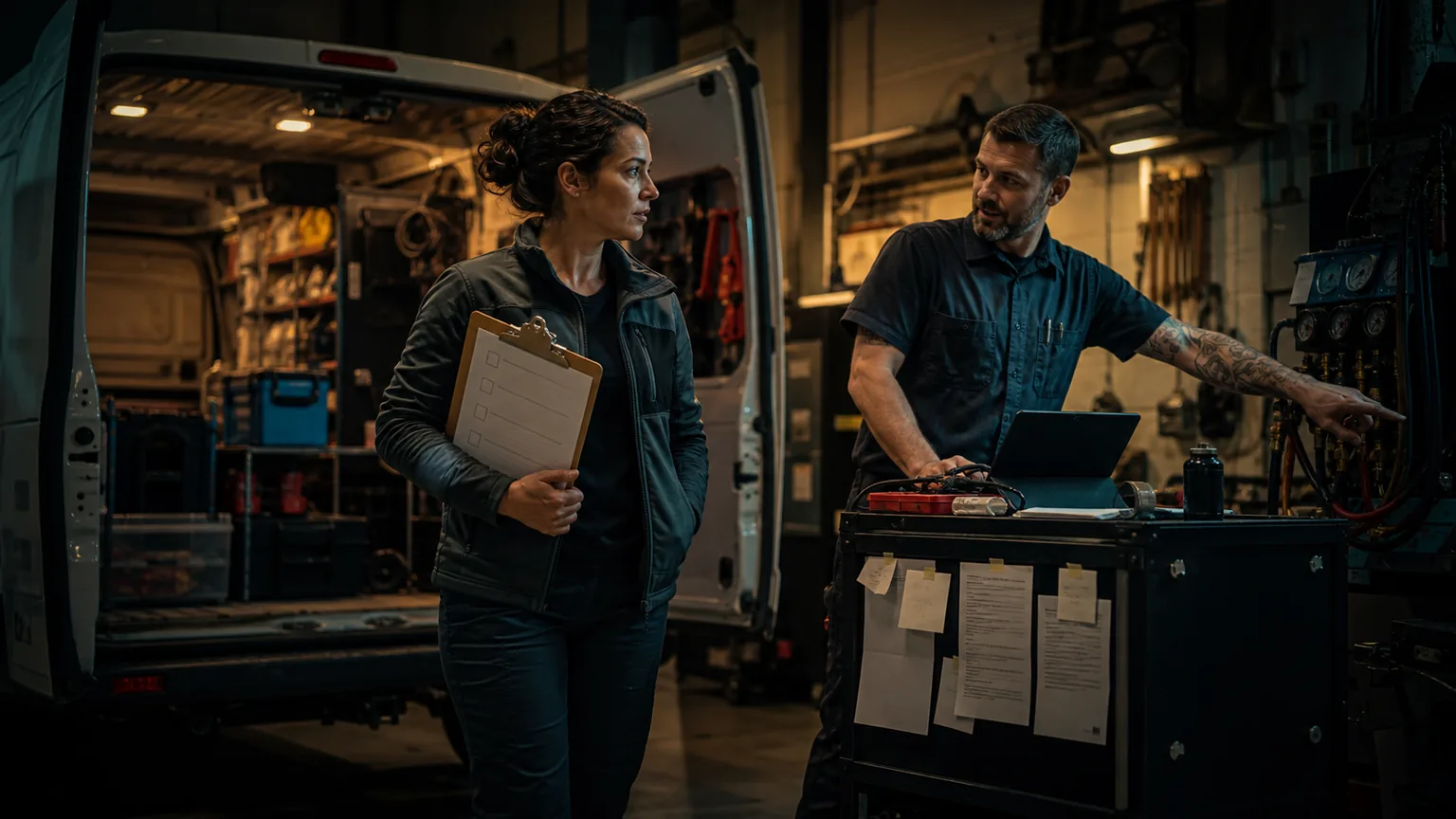 Owner and technician review an SEO checklist beside a service van in a dark workshop