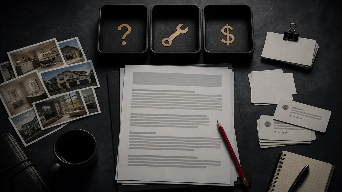 AI-generated SEO draft, red pencil, service photos, call notes, review cards, and trays for questions, fixes, and revenue