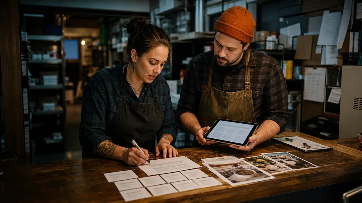 Two people compare search query cards with service photos, phone notes, and a blurred tablet at a service counter