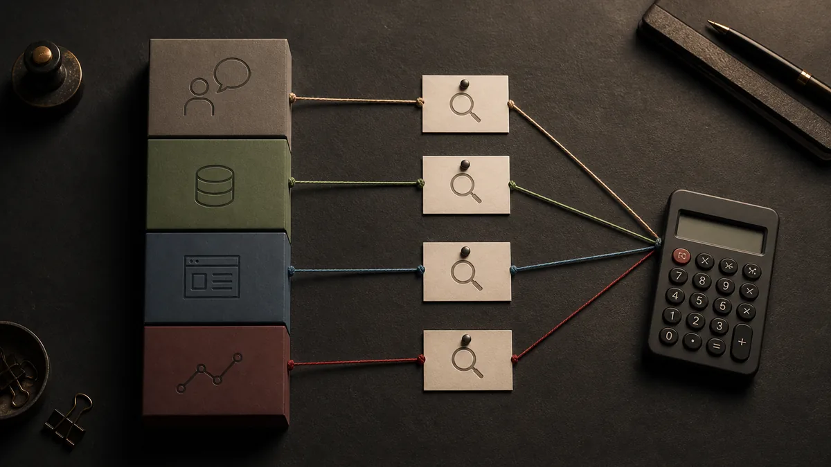 Physical diagram connects customer questions, business facts, published pages, and measured outcomes with colored string