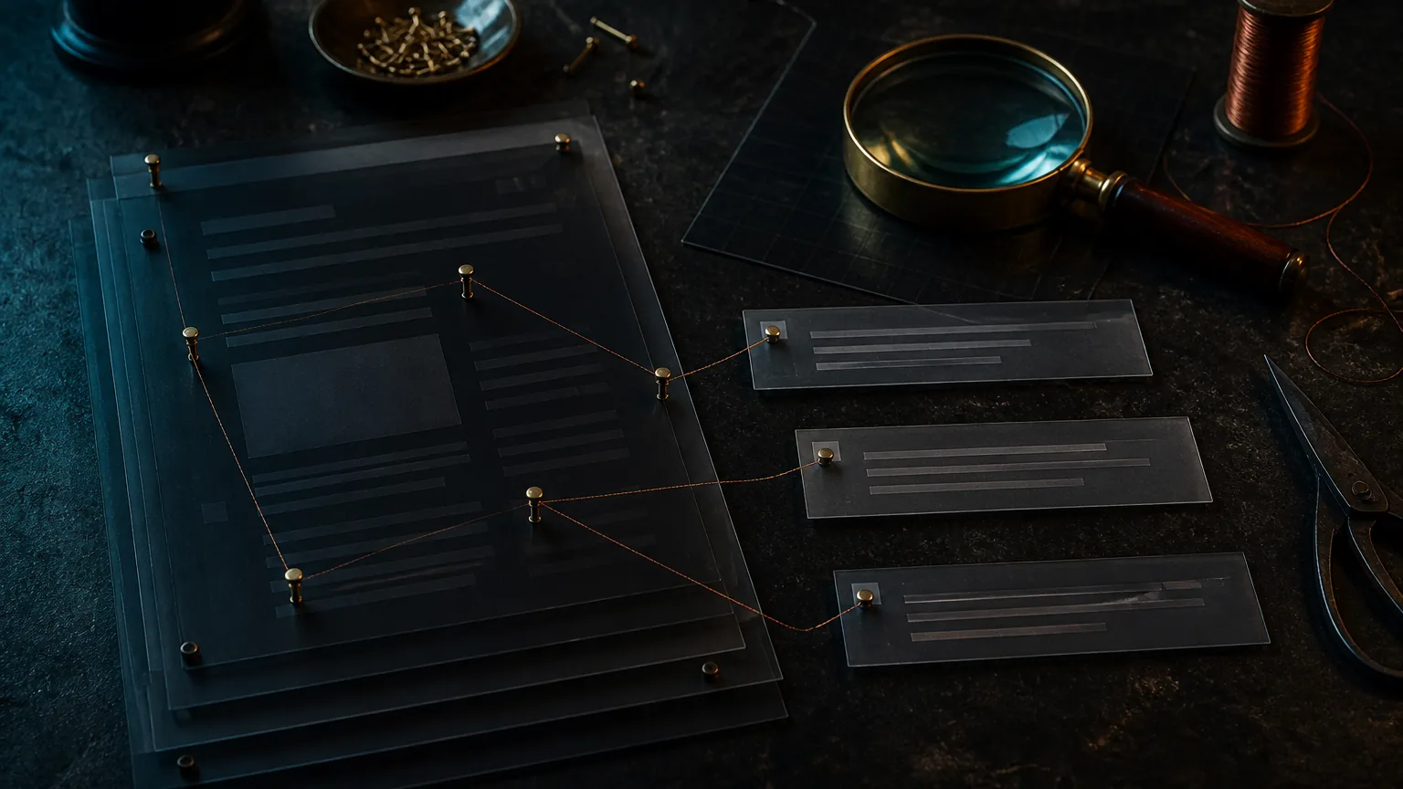 Dark workbench with layered page sheets, brass pins, copper thread, magnifier, and clean excerpt strips