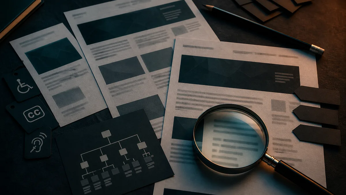 Overhead dark workspace with blurred page mockups, sitemap card, pencil, magnifier, and content clarity tags