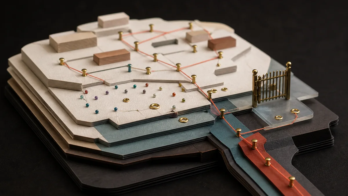 Physical website layer model with headings, links, schema dots, crawler gate, brass pins, and colored extraction path