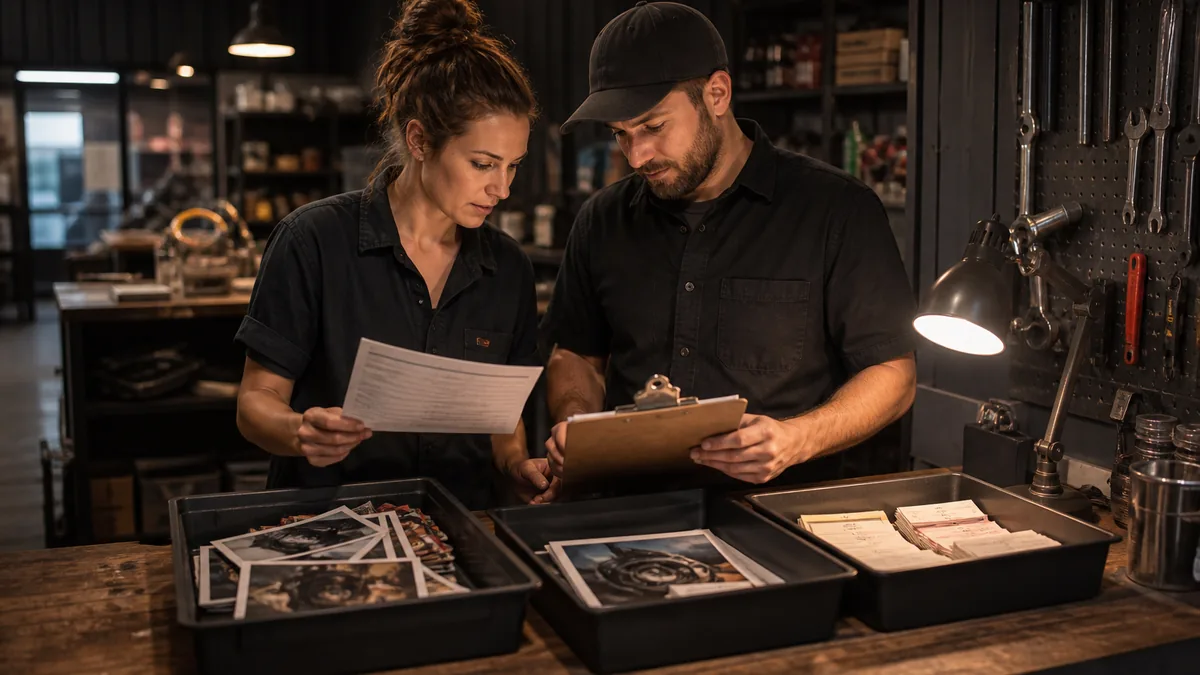 Two standing coworkers sort proof photos, customer question cards, a printed service page, and a checklist at a dark workshop counter