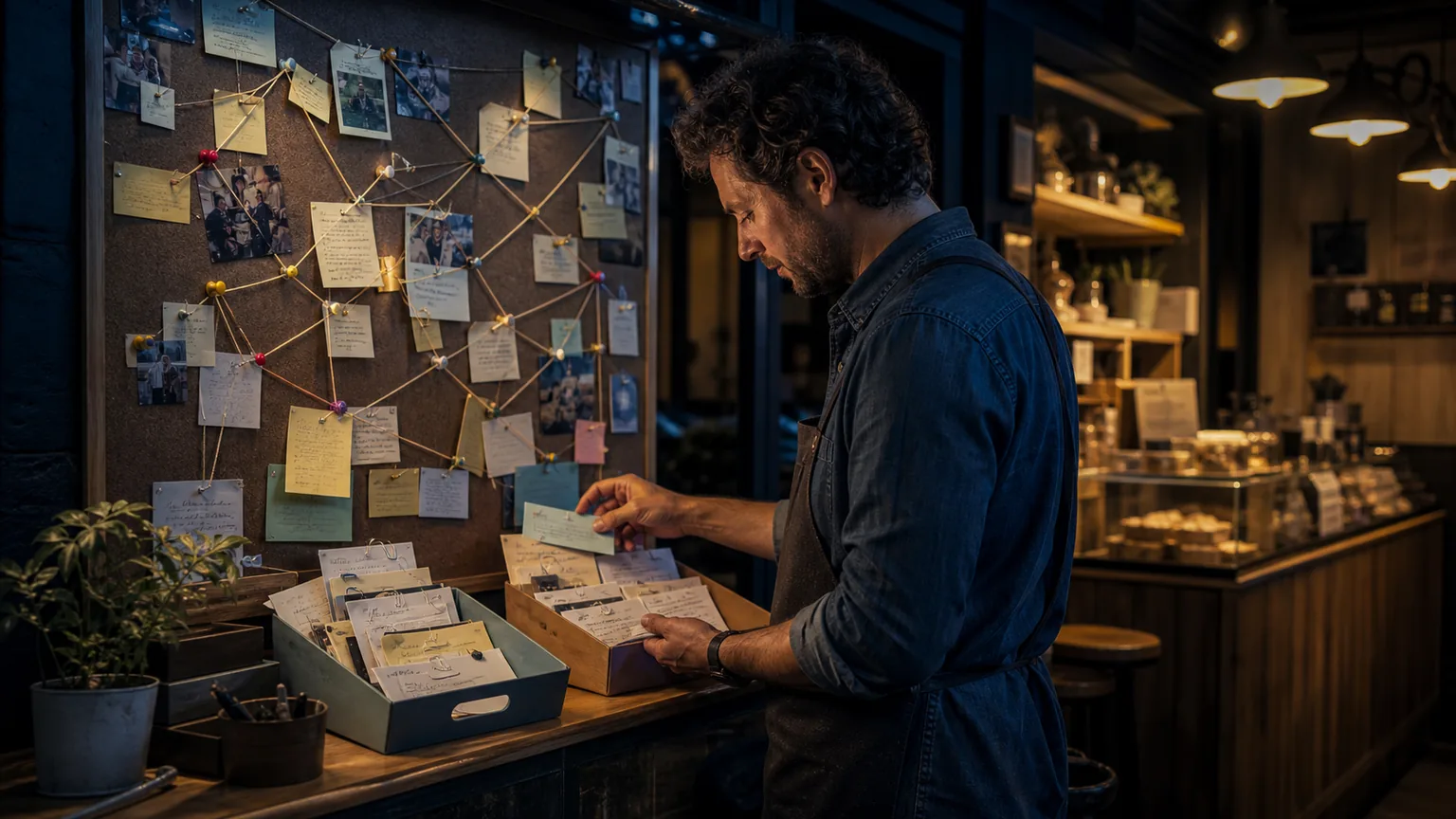Business owner sorts public discussion cards, review slips, and customer notes at a dark service counter