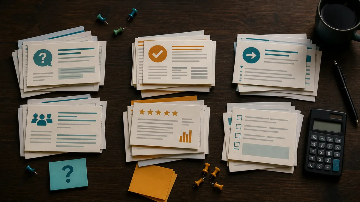 Public group discussion cards, review slips, phone notes, pins, and calculator sorted into question and proof piles