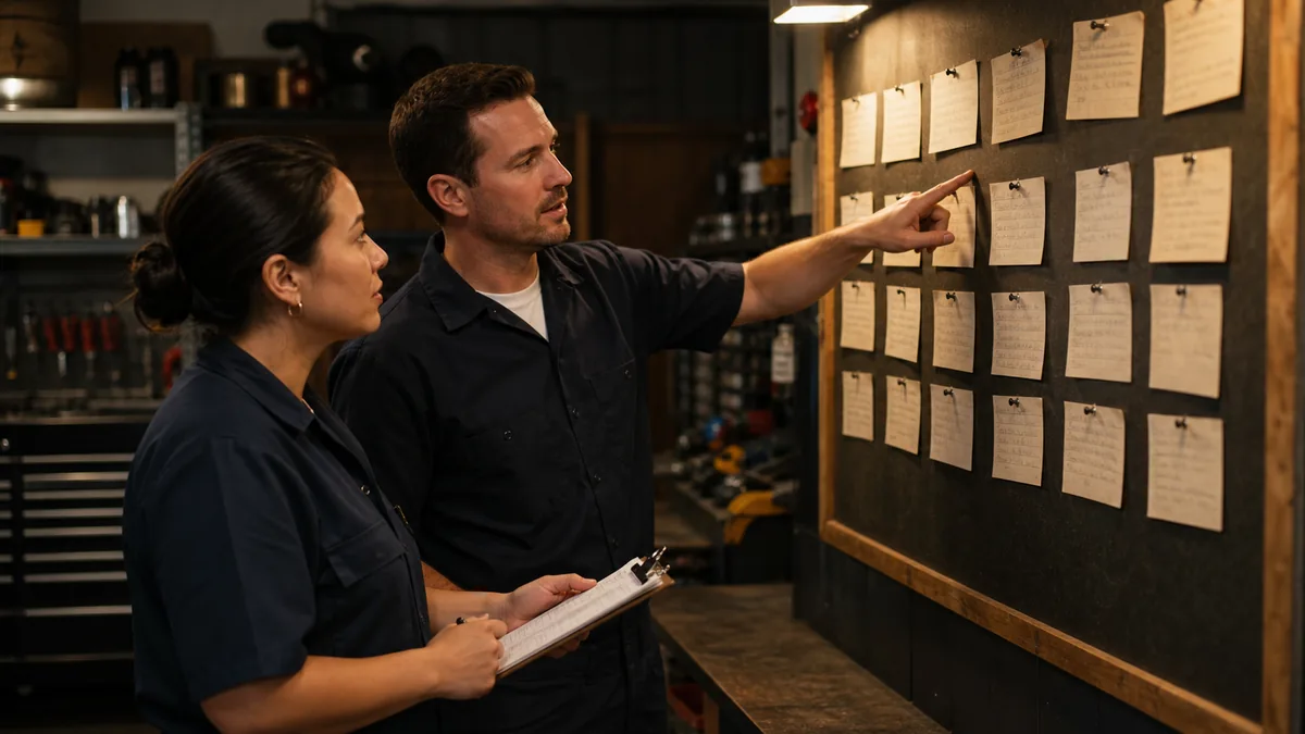 Two coworkers review community discussion notes on a shop wall beside customer question cards and a clipboard