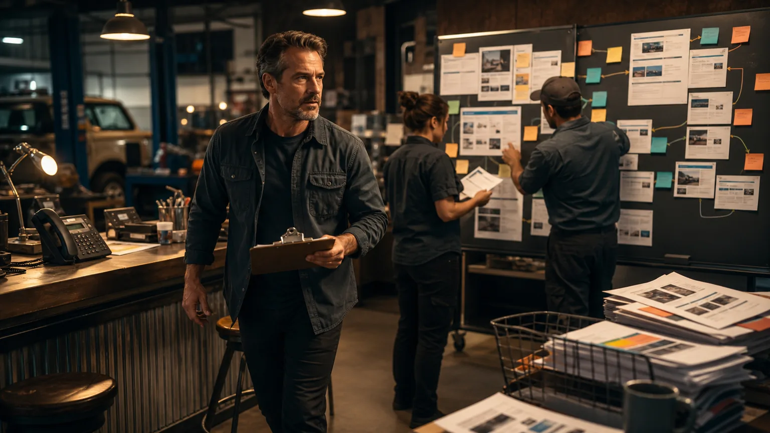 Service-business owner carries a clipboard while coworkers sort website audit notes and customer calls
