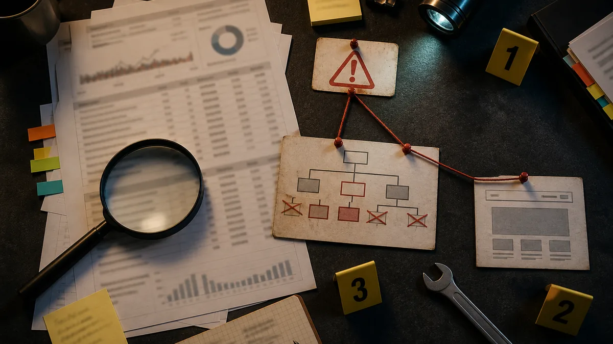 Overhead dark workspace with crawl report sheets, red string, broken link map, magnifier, and sticky flags