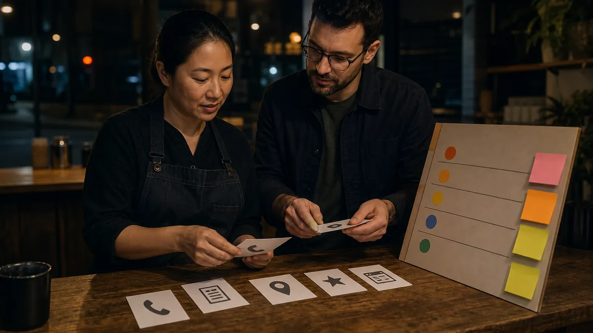 Two standing coworkers sort phone, form, map, review, and service-page cards at a local business counter