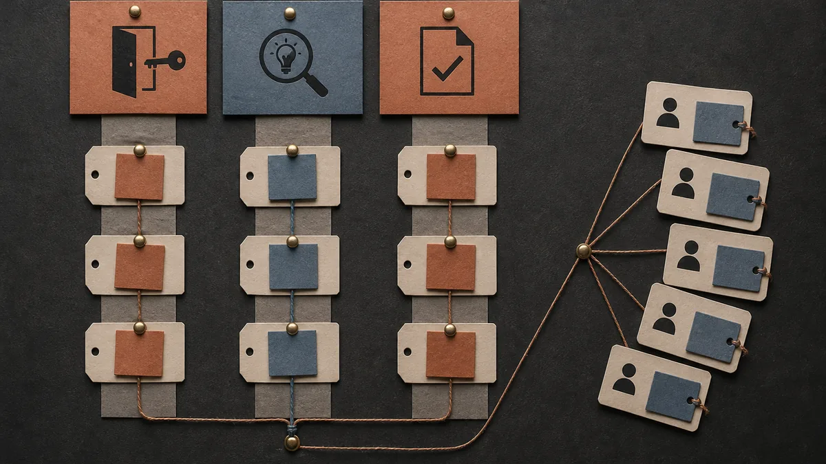 Dark wall triage board with paper icons, brass pins, colored tags, and customer inquiry cards