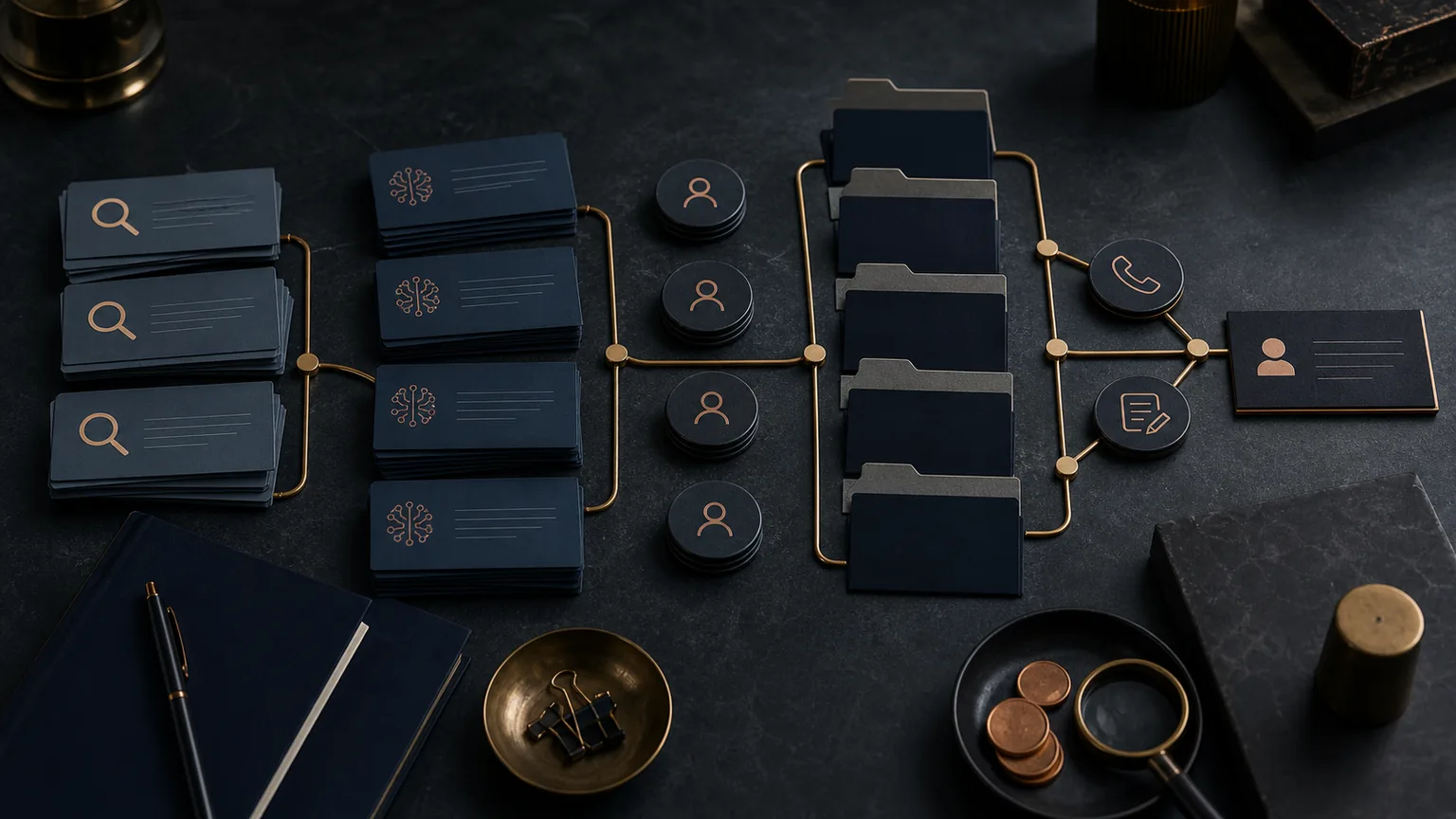 Dark tabletop customer journey map with prompt cards, competitor folders, and inquiry tokens