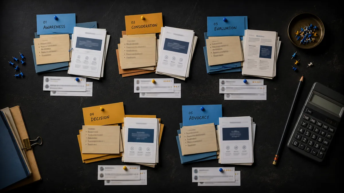 Prompt cards, service-page printouts, review strips, pins, and calculator sorted into buyer-stage piles