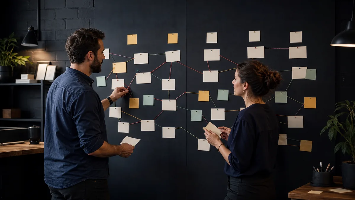 Two coworkers map customer questions across decision stages on a dark wall board with blank cards