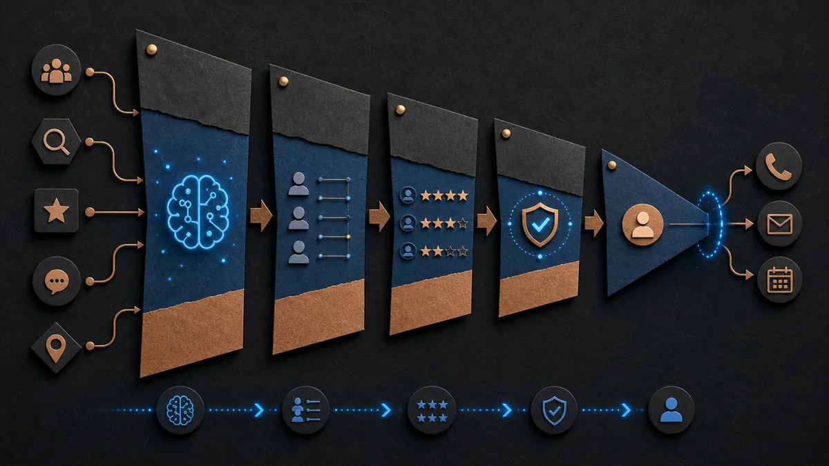 Paper funnel with brass pins, source icons, review symbols, and customer action tokens on a dark background