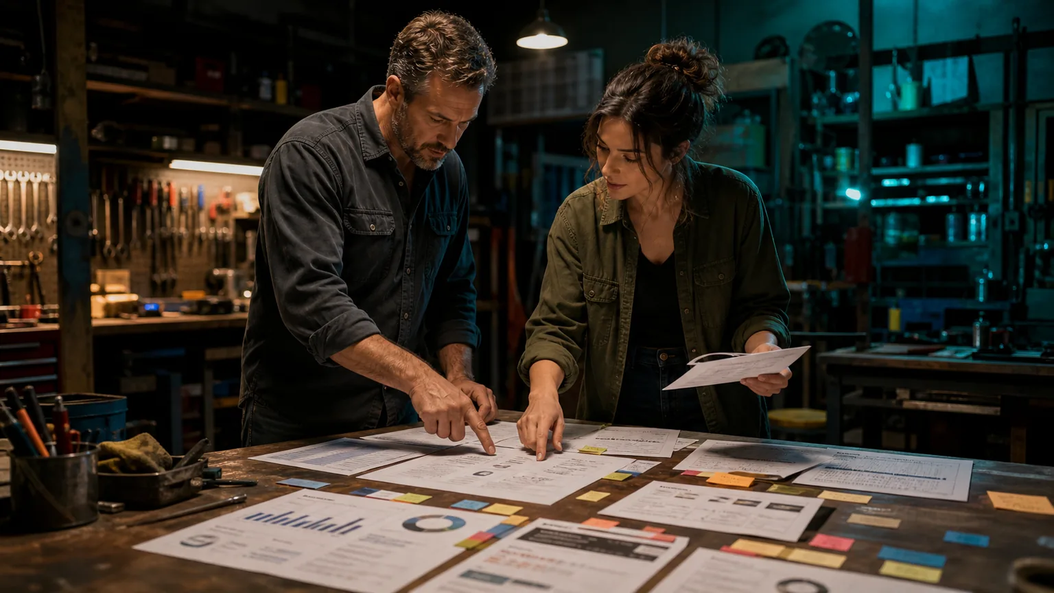 Business owner and marketer compare printed AI visibility evidence at a dark workshop counter