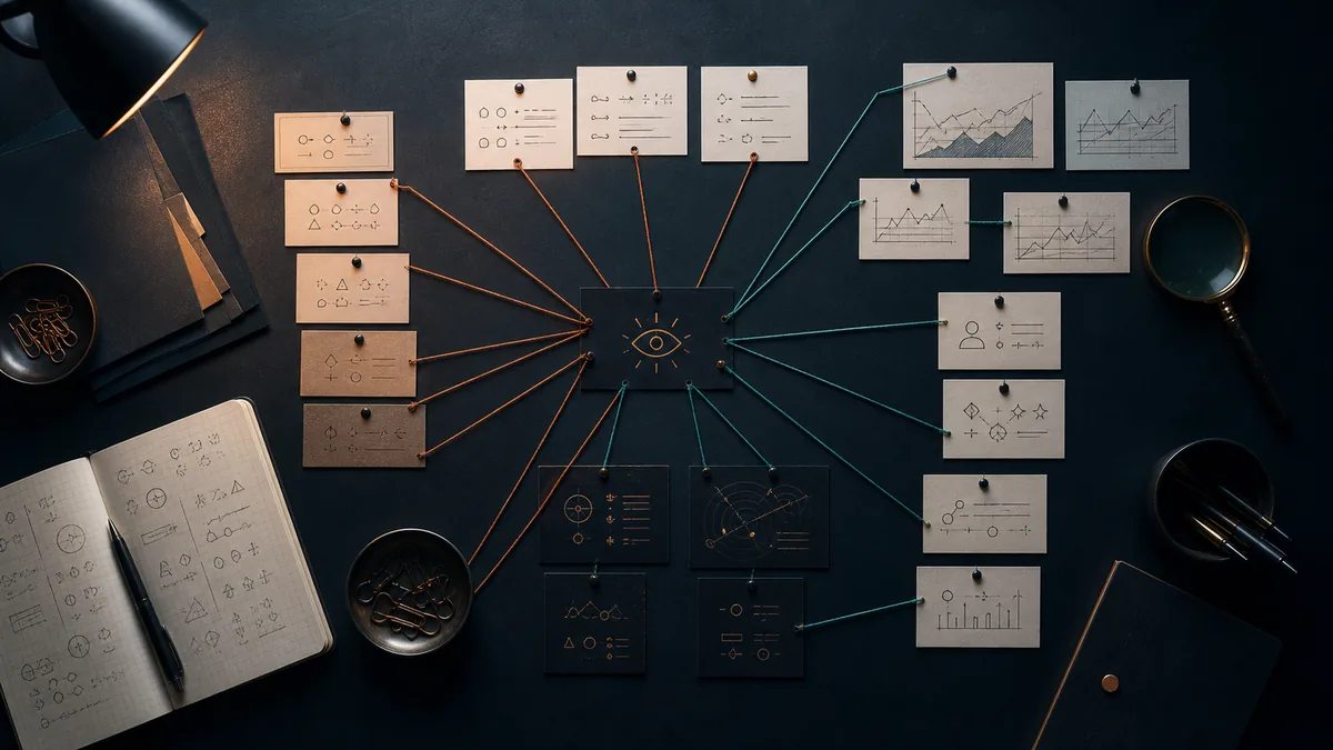Overhead dark table with prompt cards, citation pins, analytics sketches, and call-tracking notes