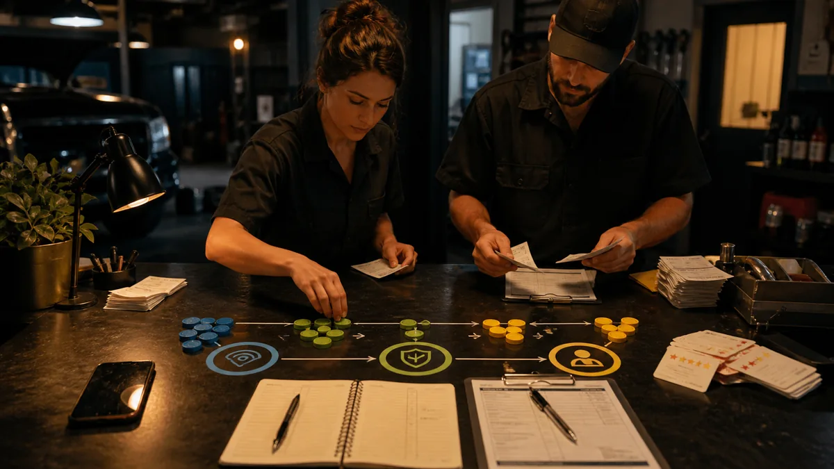 Two coworkers sort phone, appointment, quote, review, and customer-contact evidence at a service counter