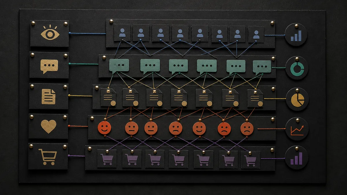 Dark physical board with layered icons for access, answers, citations, sentiment, and conversions