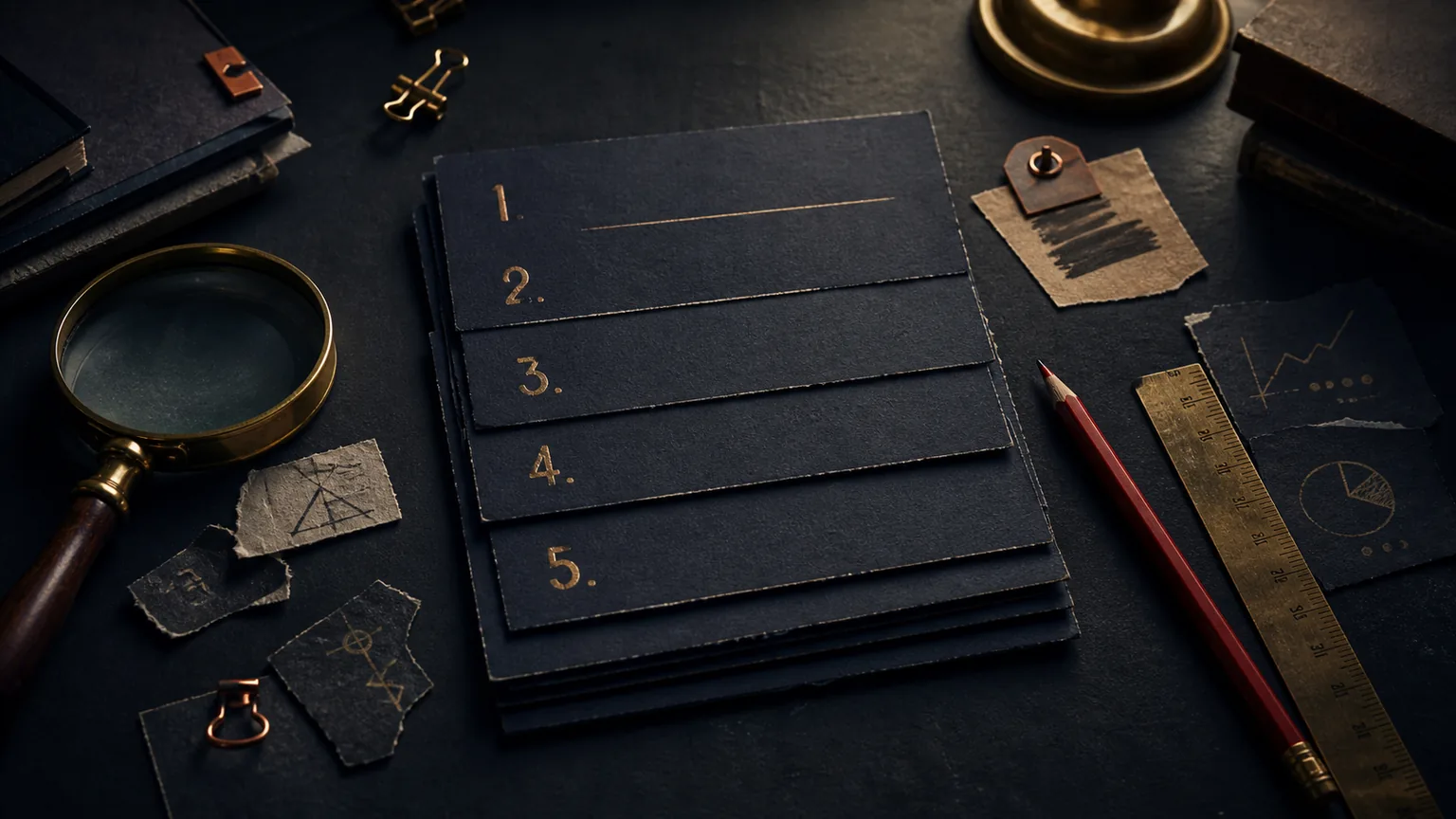 Charcoal tabletop with numbered content cards, editor pencil, brass ruler, evidence tags, and magnifying glass