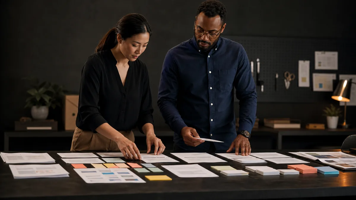Two coworkers sort article outlines, evidence cards, criteria notes, drawbacks, and update markers at a dark counter