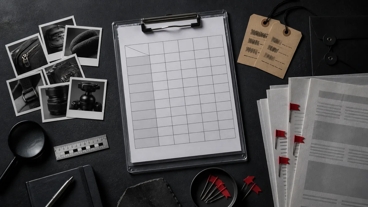 Overhead dark table with comparison rubric, source receipts, photo thumbnails, red flags, and thin content pages