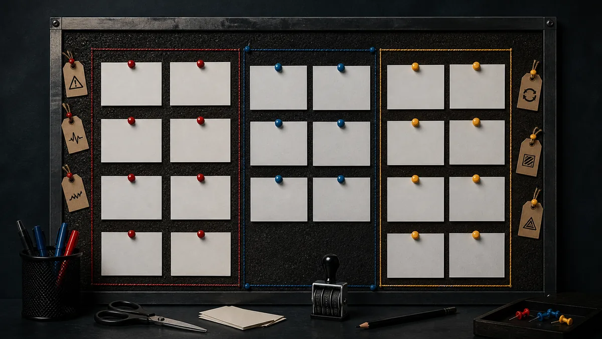 Dark editorial board with blank article cards pinned into risky, defensible, and update-needed zones