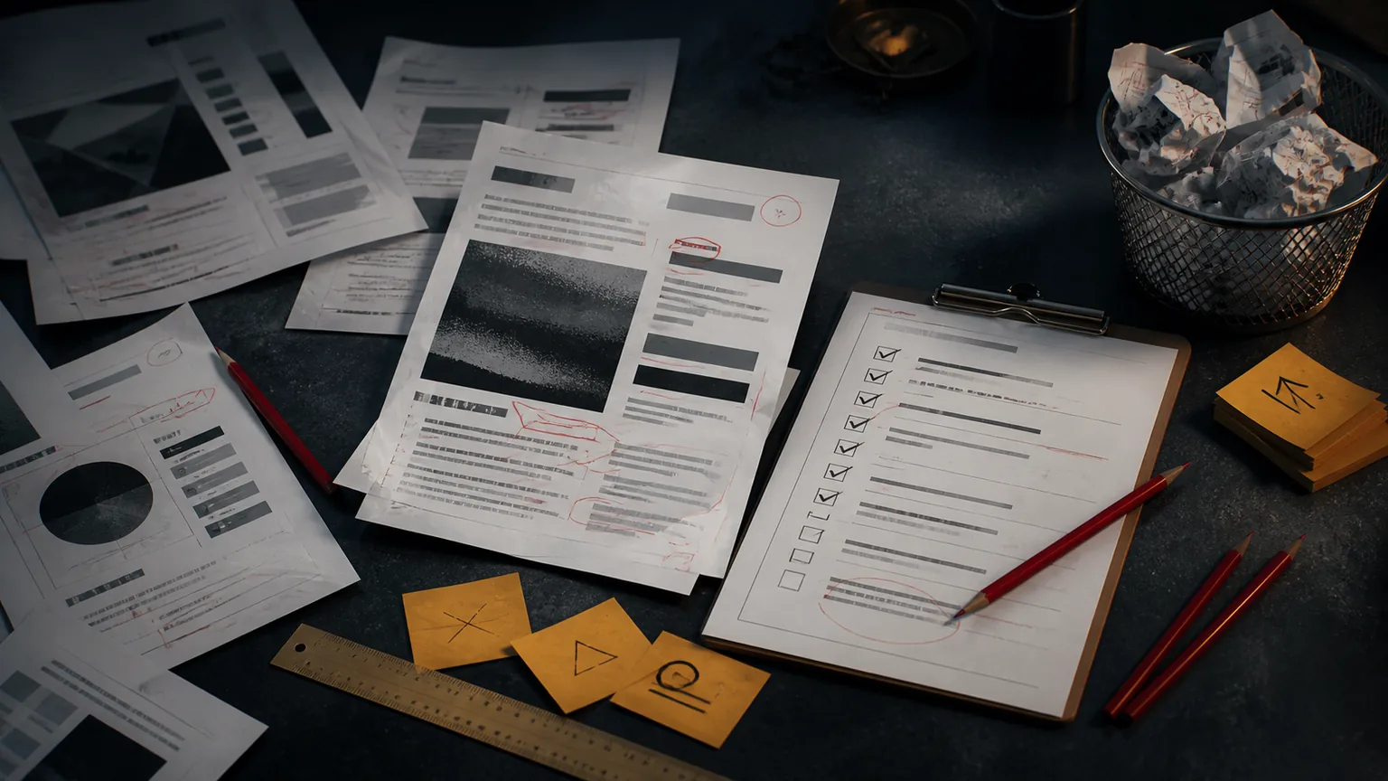 Charcoal workbench with messy AI content drafts, correction tools, and organized repair notes