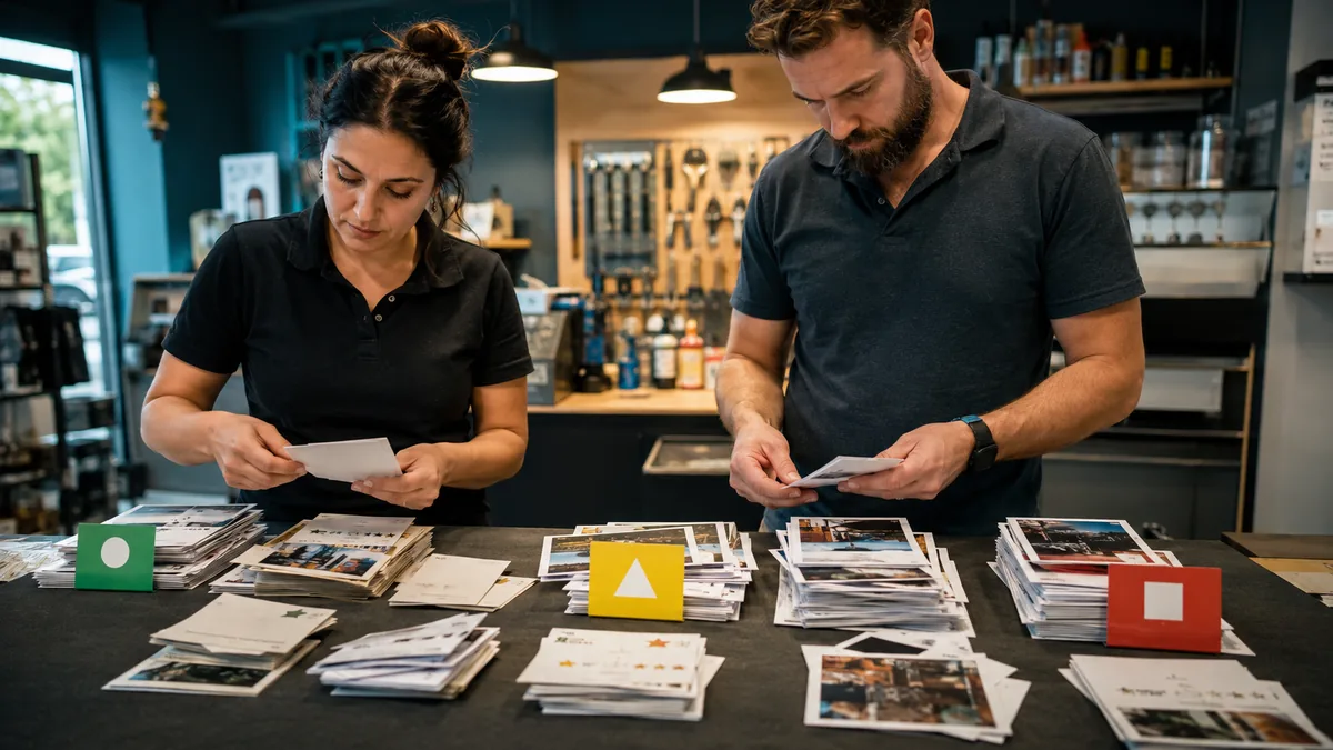 Two coworkers sort flawed AI drafts, customer questions, reviews, and proof photos at a service counter