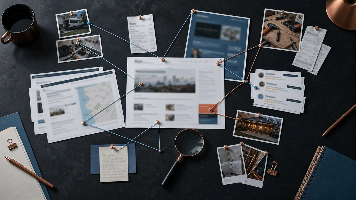 Overhead dark content triage board with web pages, source receipts, fact-check pins, and review evidence