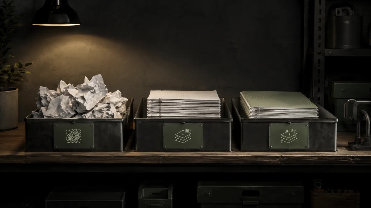 Dark workshop shelf with bins for messy drafts, repaired pages, and publication-ready customer answers