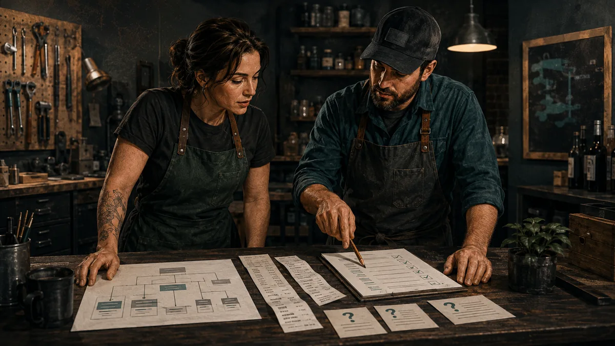 Two coworkers review a sitemap, server-log receipts, and customer question cards at a local counter