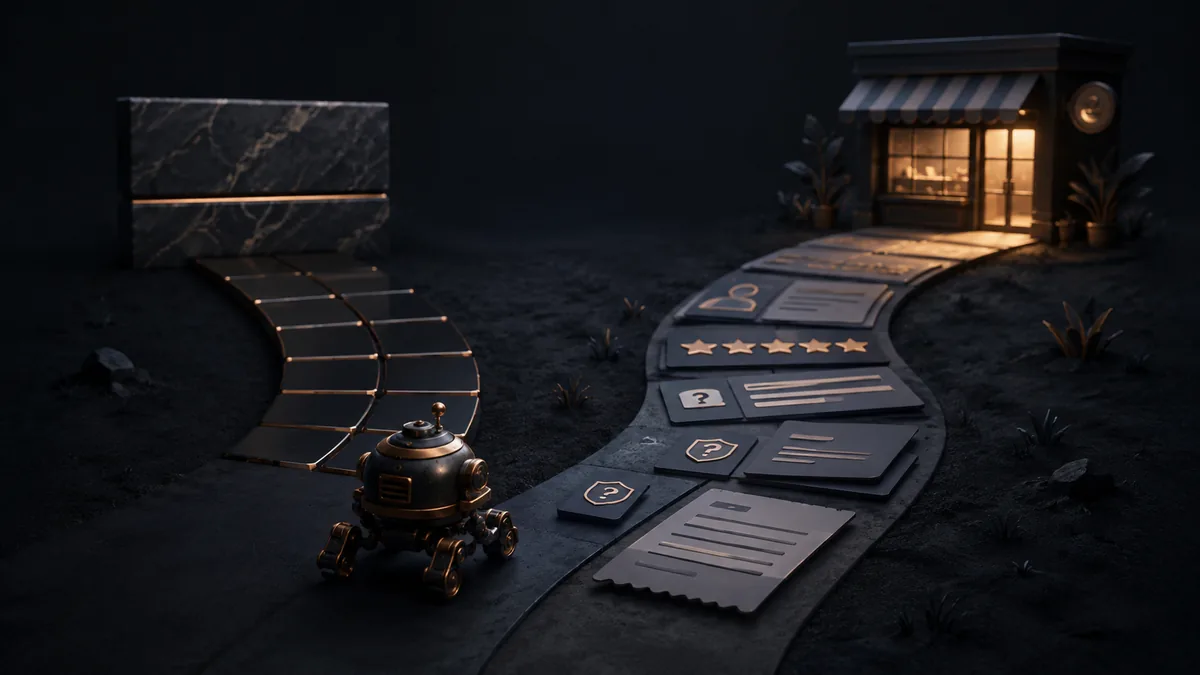Mechanical crawler figurine choosing between shortcut tiles and a stronger proof-led path to a storefront