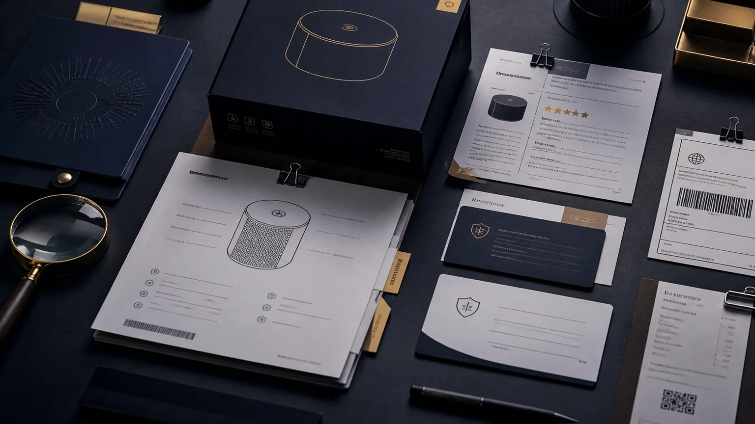 Charcoal tabletop with product box, specification sheets, warranty card, reviews, and source receipts