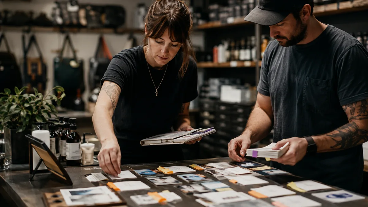 Two coworkers organize product facts, customer questions, reviews, and comparison notes at a counter