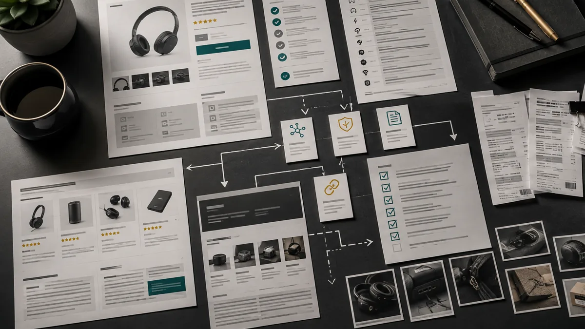 Overhead product-page audit workspace with mockups, spec cards, receipts, proof photos, and link arrows