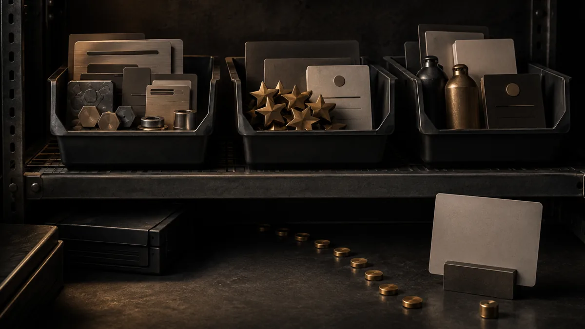 Dark warehouse shelf with illuminated bins for product facts, customer proof, and comparison answers