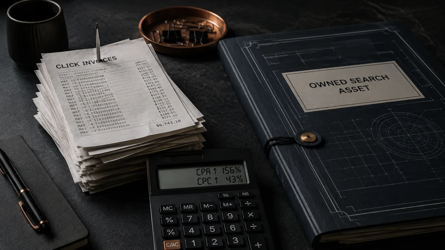 Dark accounting desk with paid click receipts, calculator, and an owned search asset blueprint