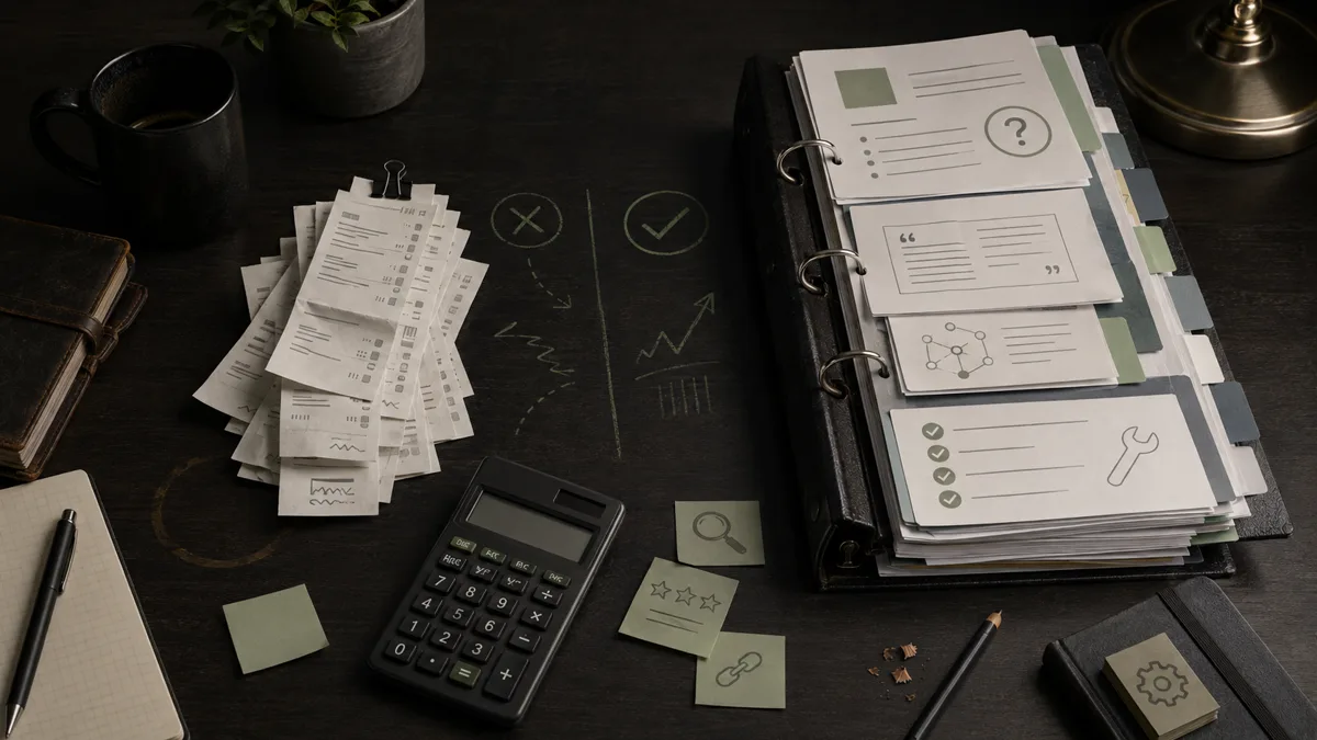 Overhead workspace comparing paid click receipts with a growing binder of search asset pages and fixes