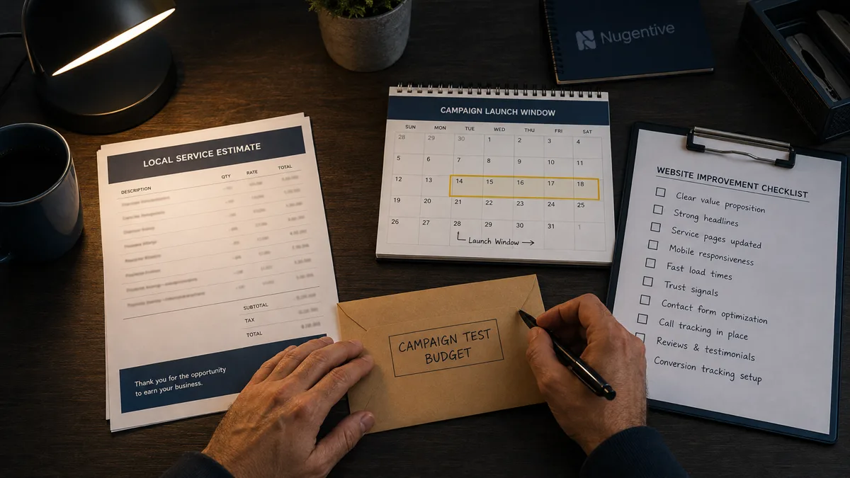 Small-business planning table with estimate sheet, campaign budget envelope, calendar, and improvement checklist